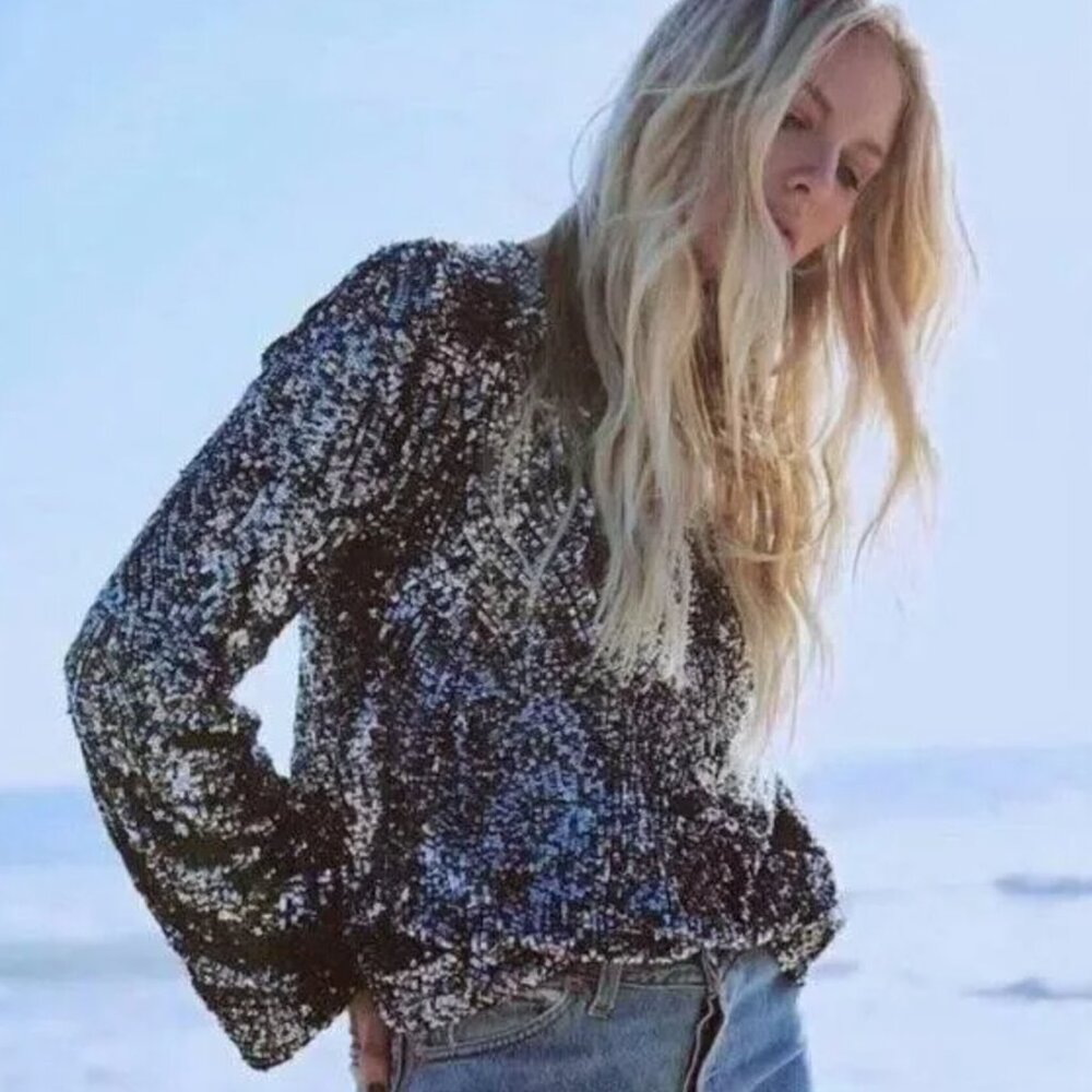 SOLD! Equipment Femme Abeline Sequin Long Sleeve Chrome Metallic Top S/P